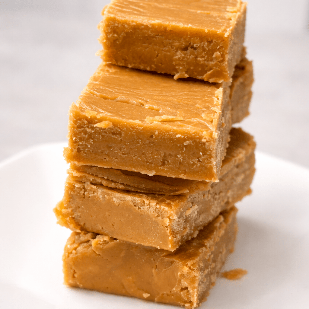 Stack of Grenadian coconut fudge on a white plate